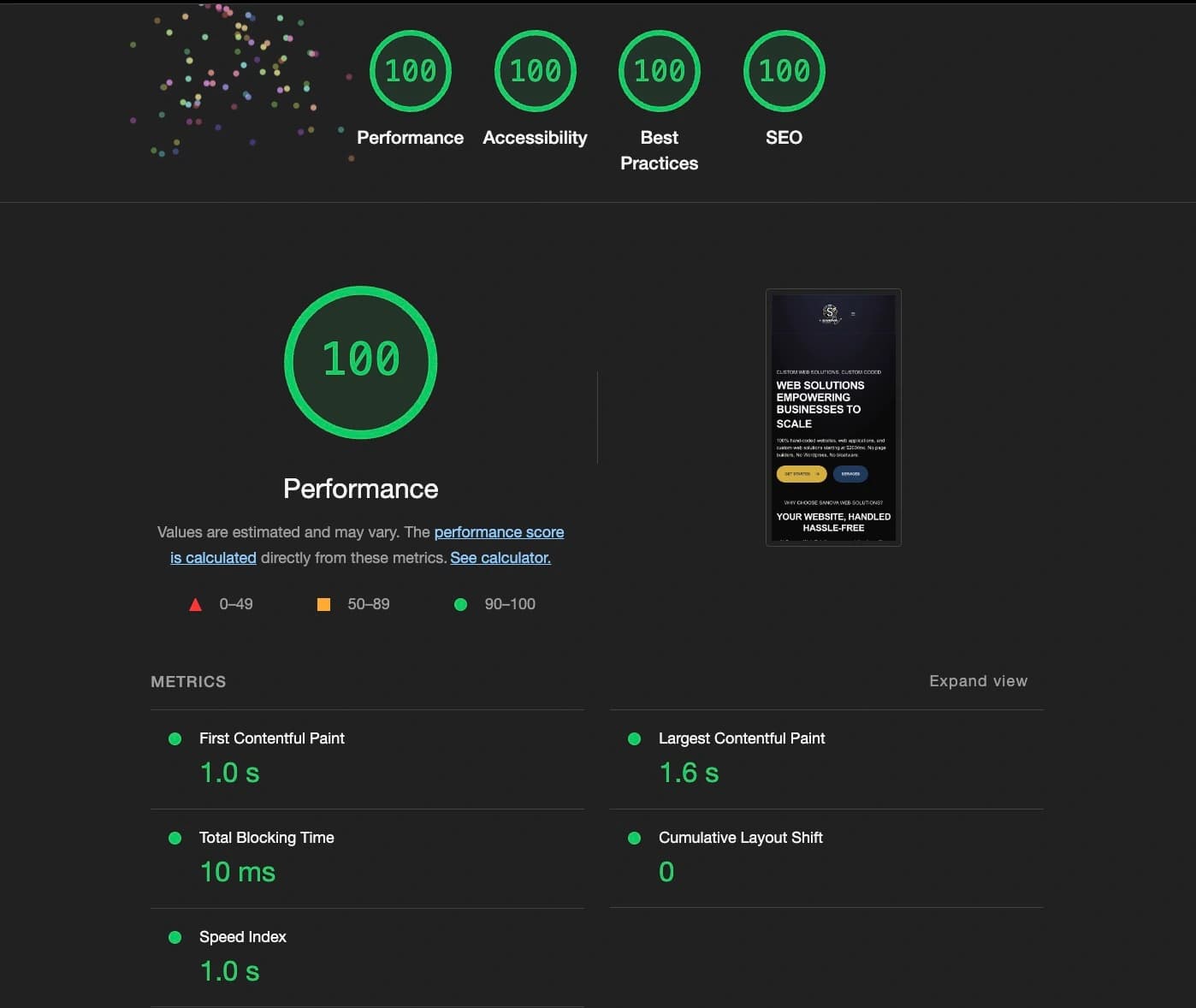 Google PageSpeed performance score for a Sanova website